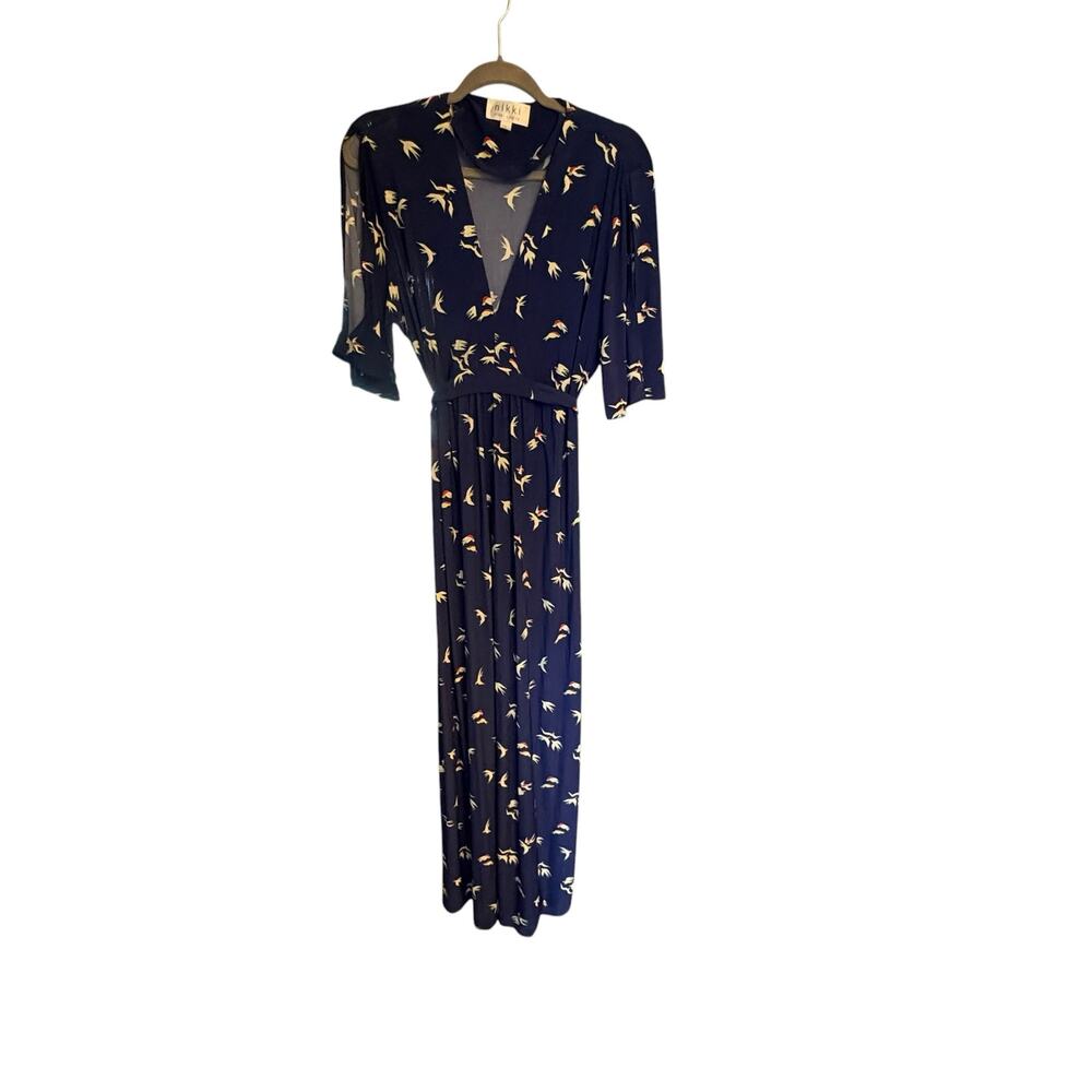 Nikki Poulos Navy Bird Patterned Cold Shoulder Maxi VNeck Tie Back Dress sz L